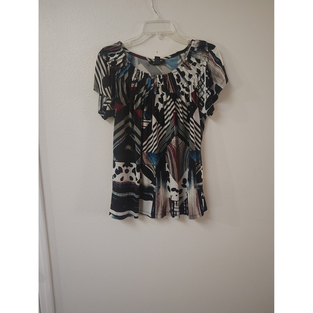 Style & Co Womens Medium Abstract Geometric Print Scoop Neck Pleated Blouse Top